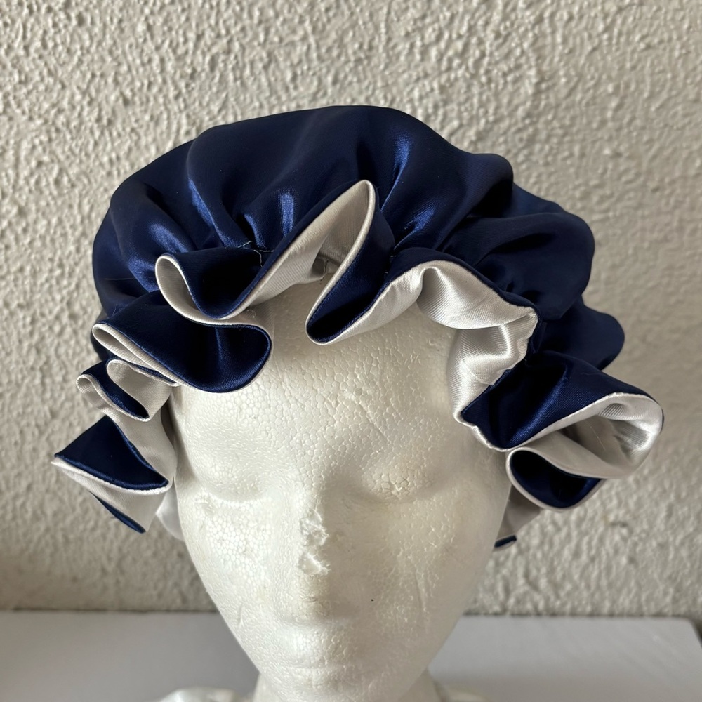 Reversible Satin Sleep Bonnet – Navy Blue & Silver – Extra Large, Elastic Fit - Picture 14 of 16